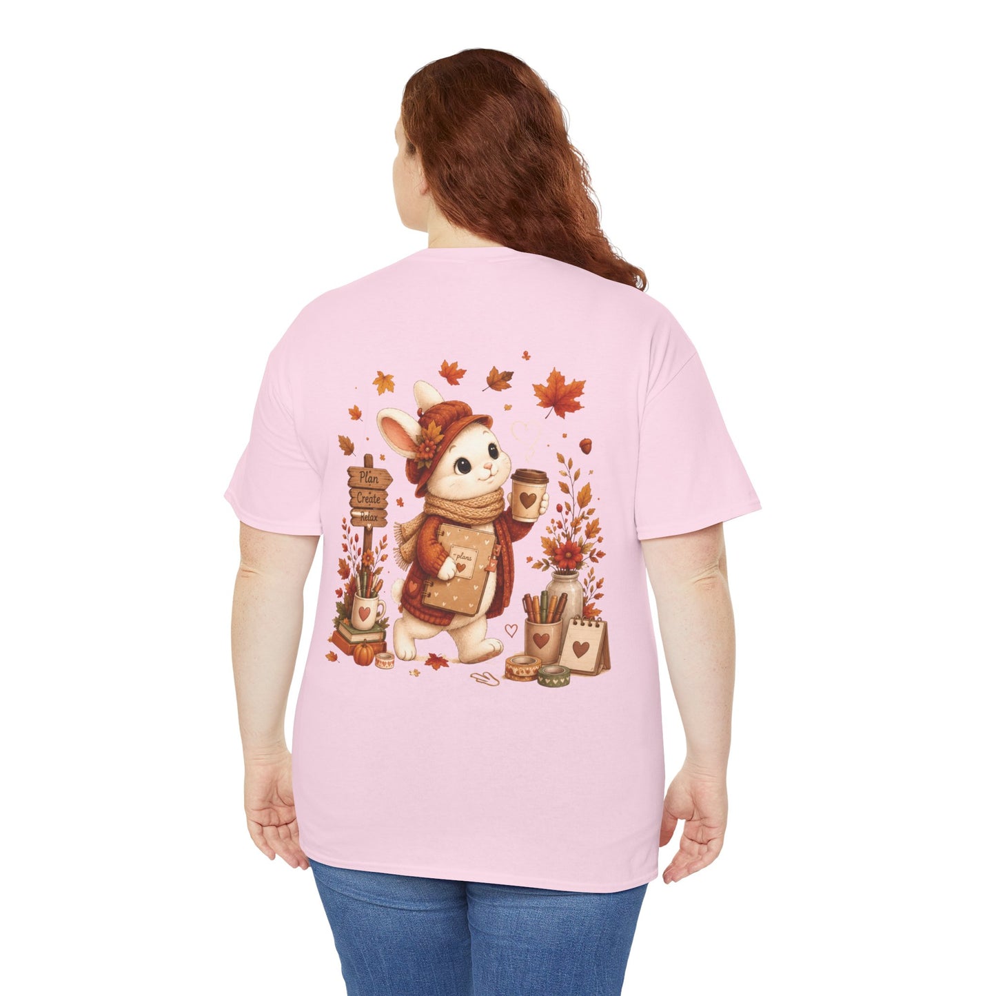 Maggie Cozy Planning Herfst T-Shirt β Dubbelzijdig Bedrukt | Unisex Heavy Cotton Shirt | Herfst Konijn