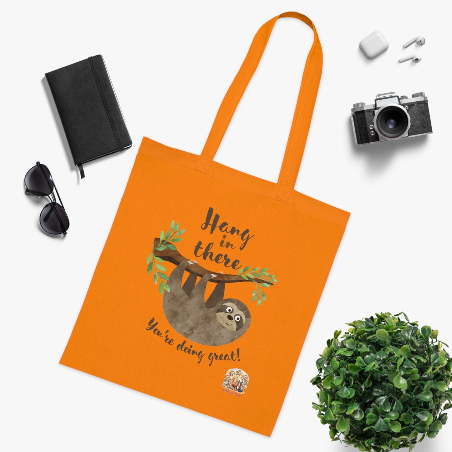 Tote Bag “Hang in There” – Luiaard Quote Tas | Lime & Orange | Creatieve Aap