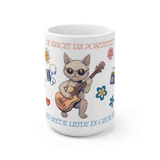 Mok "De Kracht van Positiviteit" – Kat met Gitaar – Retro Flower Power Design (330ml & 440 ml)