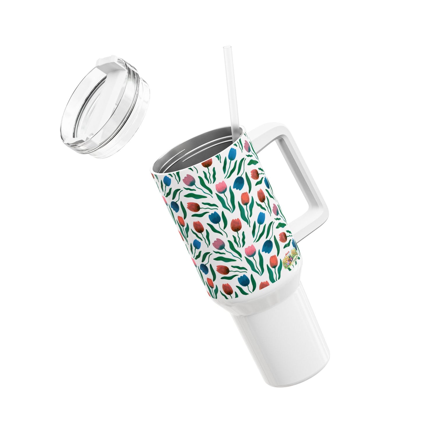 Tulpen Regen Tumbler 1200 ml – RVS Thermosbeker met Handvat – Dubbelwandig Geïsoleerd – Creatieve Aap Lente Collectie 2026