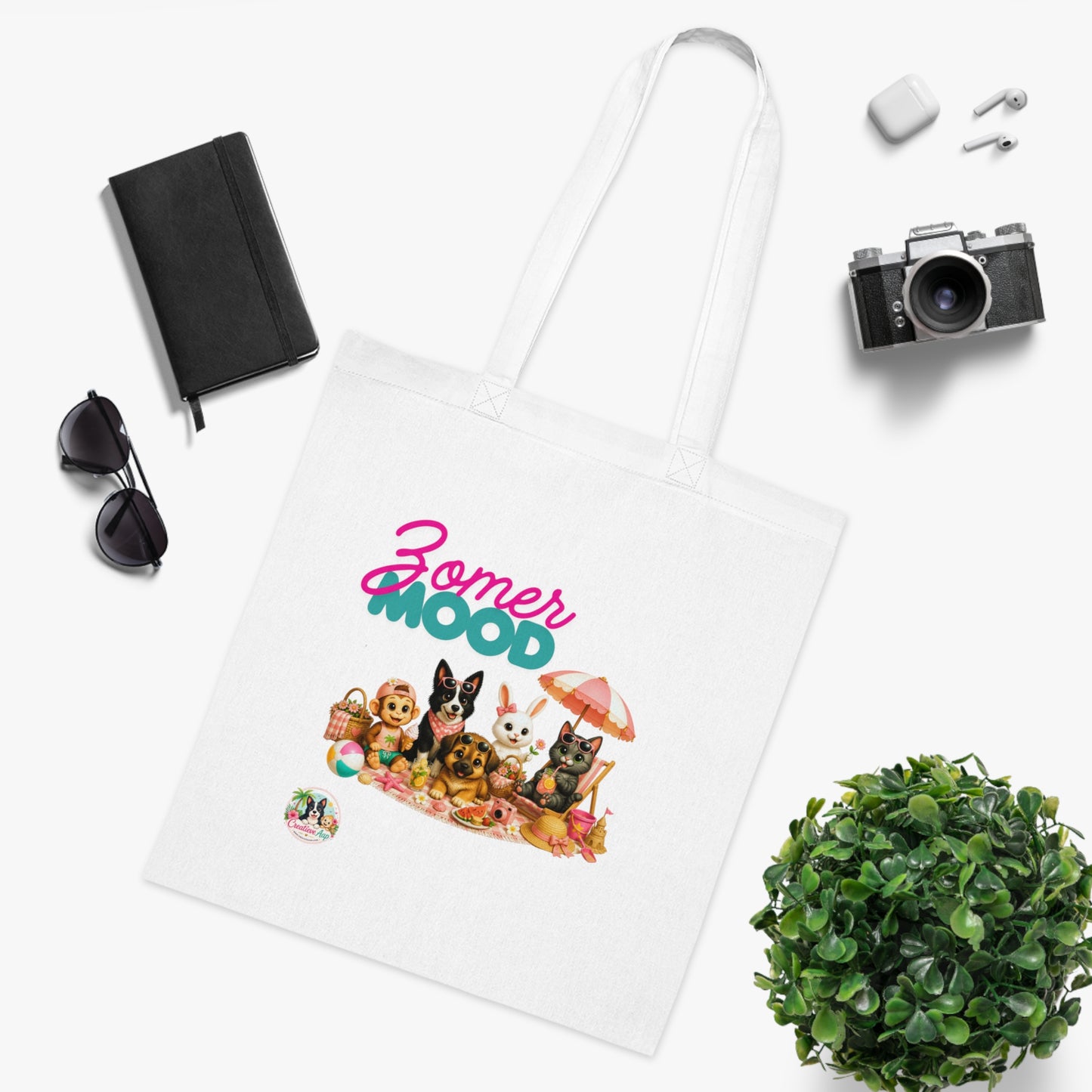 Zomer Mood Katoenen Tote Bag – Creatieve Aap Zomertas met Alle Karakters