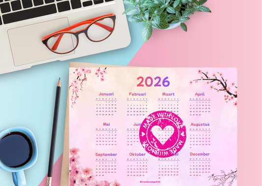 Jaarkalender 2026 PDF – Maandag t/m Zondag | Lente Editie | Overzicht in één oogopslag