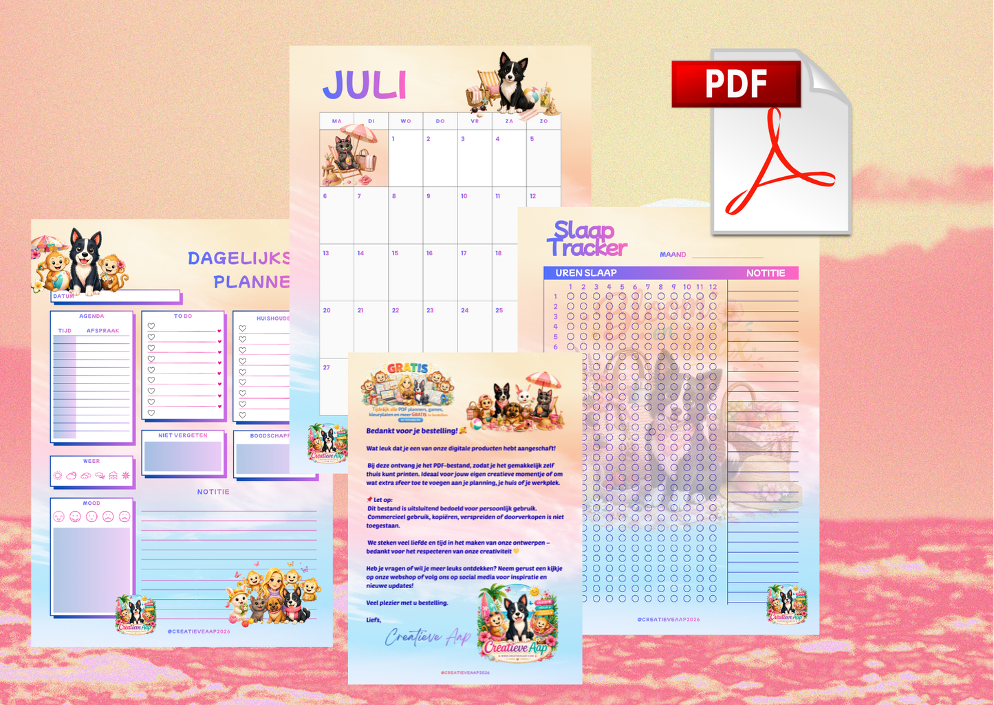 Juli 2026 Planner Set PDF Download – Maandplanner, Dagplanner & Slaap Tracker Printable
