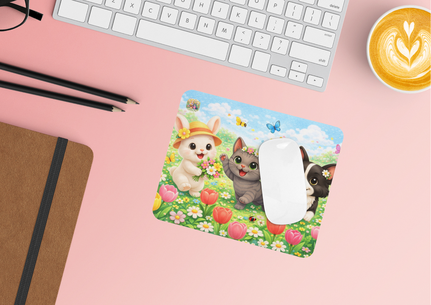 Muismat Lente Maggie, Shelby & Nikita – Kawaii Dieren Bloemenveld Design – Neopreen Bureau Accessoire 23,2 x 19,4 cm – Creatieve Aap