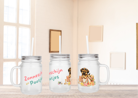 Zonneschijn en Pootjes Mason Jar met Rietje – Novi Zomer Drinkglas 350 ml