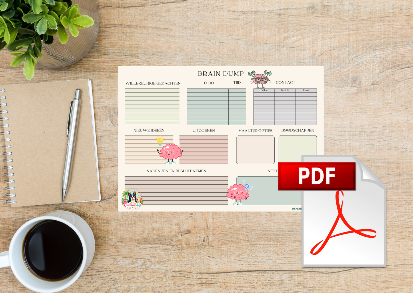 Downloadbare Brain Dump Planner PDF – Productiviteit, Organisatie & Mind Reset Printable