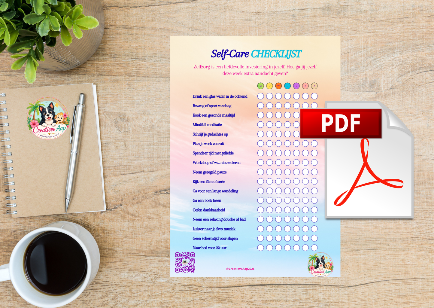 Self Care Checklist PDF Download | Zelfzorg Planner Printable | Wellness Checklist | Creatieve Aap