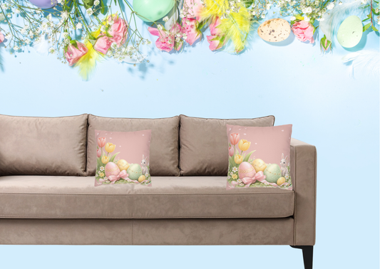 Paas Sierkussen Hoes – Pastel Paaseieren & Tulpen | Lente Woondecoratie | 35x35 of 40x40 cm