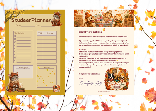 Studeer Planner Herfst PDF | A4 Studieplanner Printable | Studie Organizer | Direct Download | Creatieve Aap