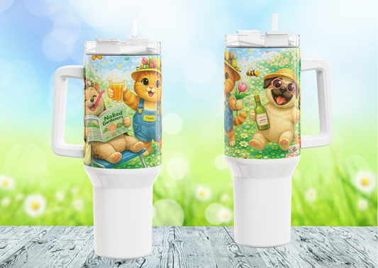 Lentefeest Vriendinnen Tumbler 1200 ML – RVS Thermosbeker met Handvat – Dubbelwandig Geïsoleerd – Creatieve Aap Lente Collectie