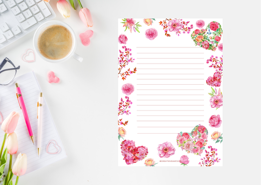 Valentijn Notitie 2026 PDF β Printbare Notitiepagina met Bloemen | Liefdevolle Notities & Journaling