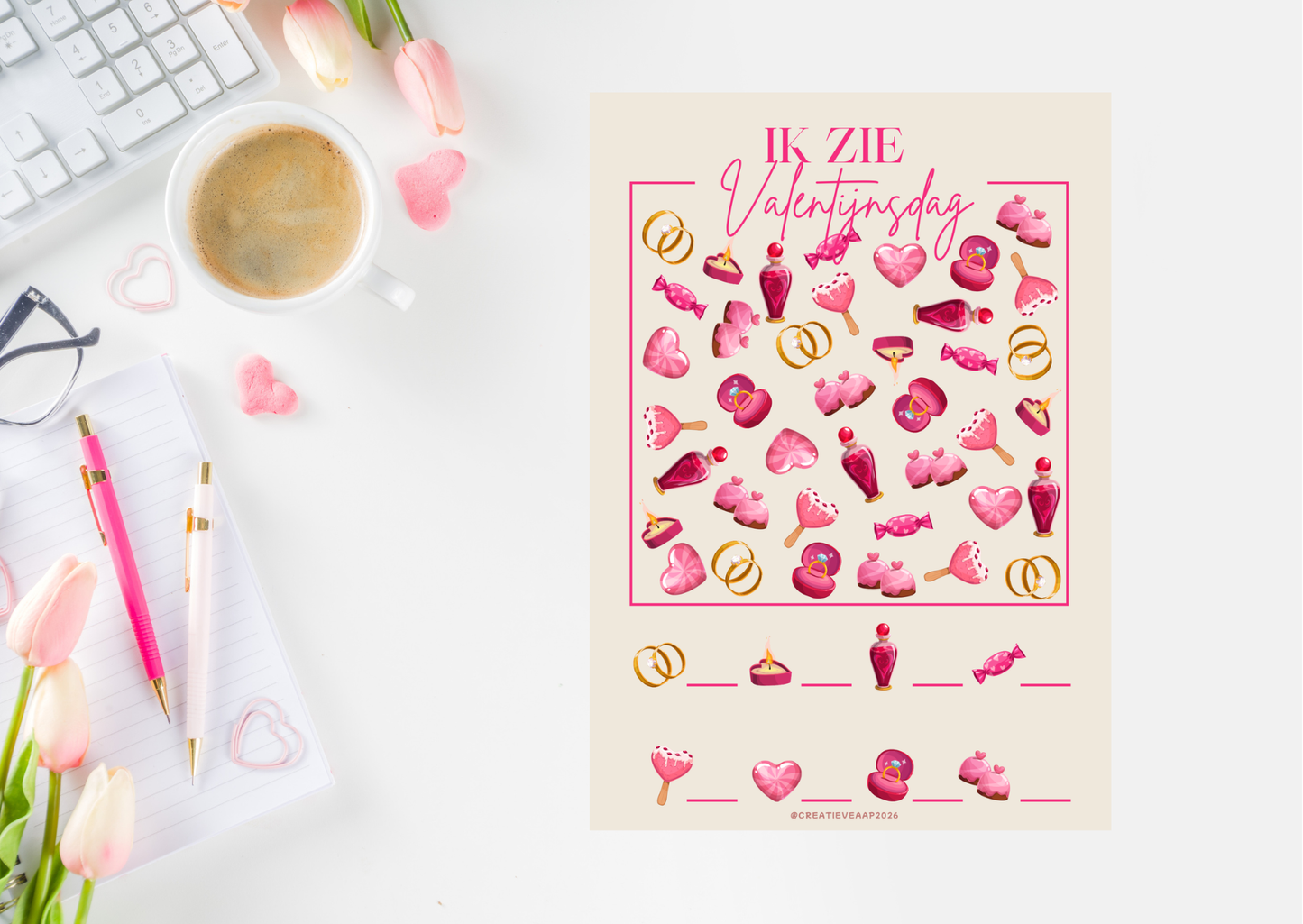 Ik zie Valentijnsdag PDF 2026 – Valentijn Zoekspel & Kijkspel | Printbaar Spel voor Februari