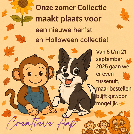 Blogafbeelding Creatieve Aap met aapje, hond Nikita en herfstbladeren, aankondiging nieuwe herfst- en Halloween collectie 2025 en campingvakantie van 6 t/m 21 september.