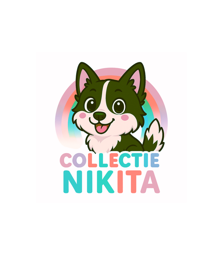 Herfst banner met blonde vrouw met mok, vrolijke aap en Yakut Laika hond Nikita met kroontje en herfstblad, voor warme oranje achtergrond met bladeren en tekst 'Collectie Nikita'.