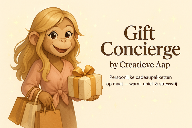 Hero banner met luxe cadeauverpakking in Creatieve Aap stijl, linten en warme crème-tinten, aankondiging van de nieuwe Gift Concierge dienst.