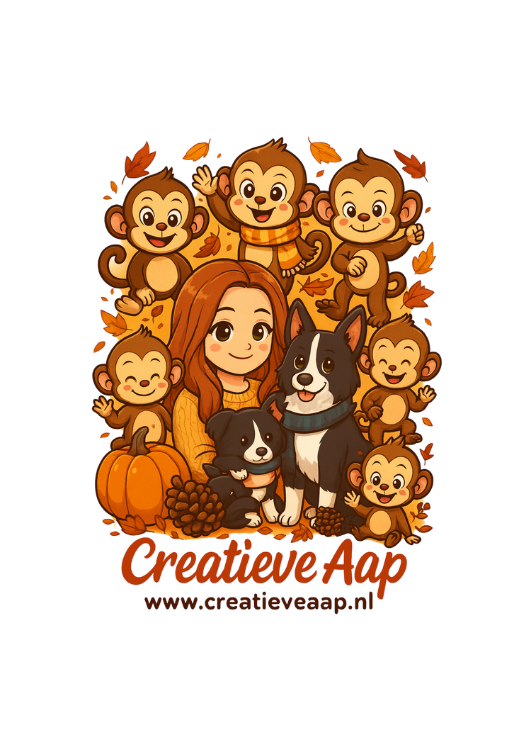 Herfst banner Collectie Creatieve Aap met Maggie het konijntje, Nikita de hond, Shelby de zilvergrijze poes en de Fourtop Heroes Monkeys. Warme herfstkleuren, vallende bladeren en vrolijke uitstraling.