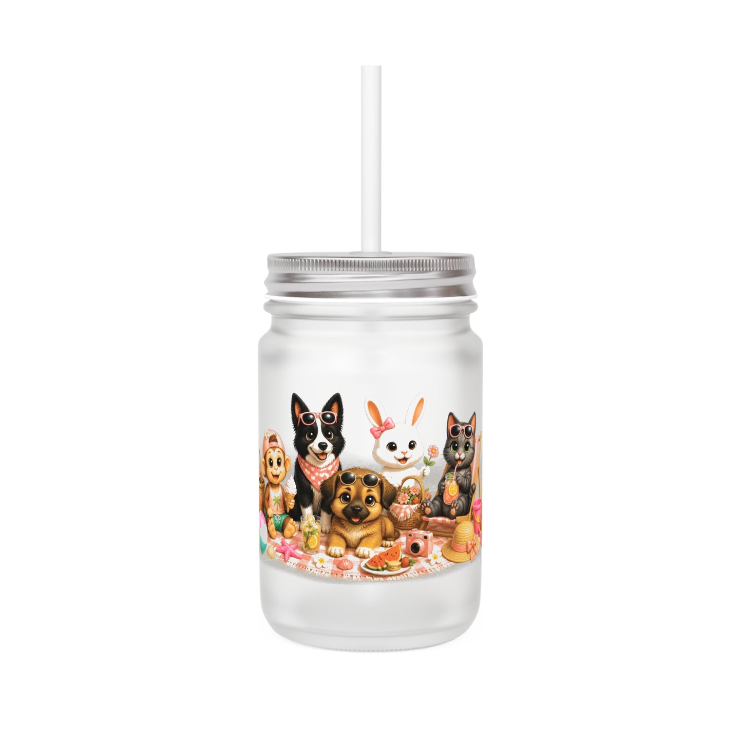 Zomer Mood Mason Jar met Rietje – Creatieve Aap Zomer Drinkglas 350 ml
