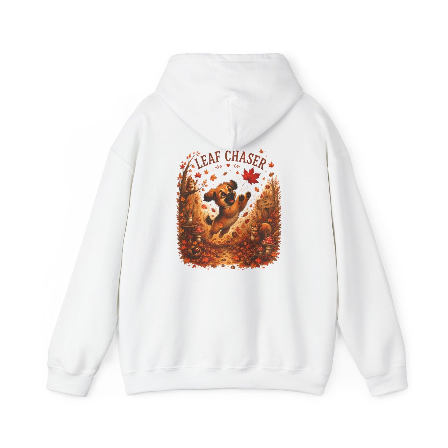 Novi Leaf Chaser Puppy Hoodie – Unisex Herfst Hoodie | Speelse Puppy Design | Gildan 18500