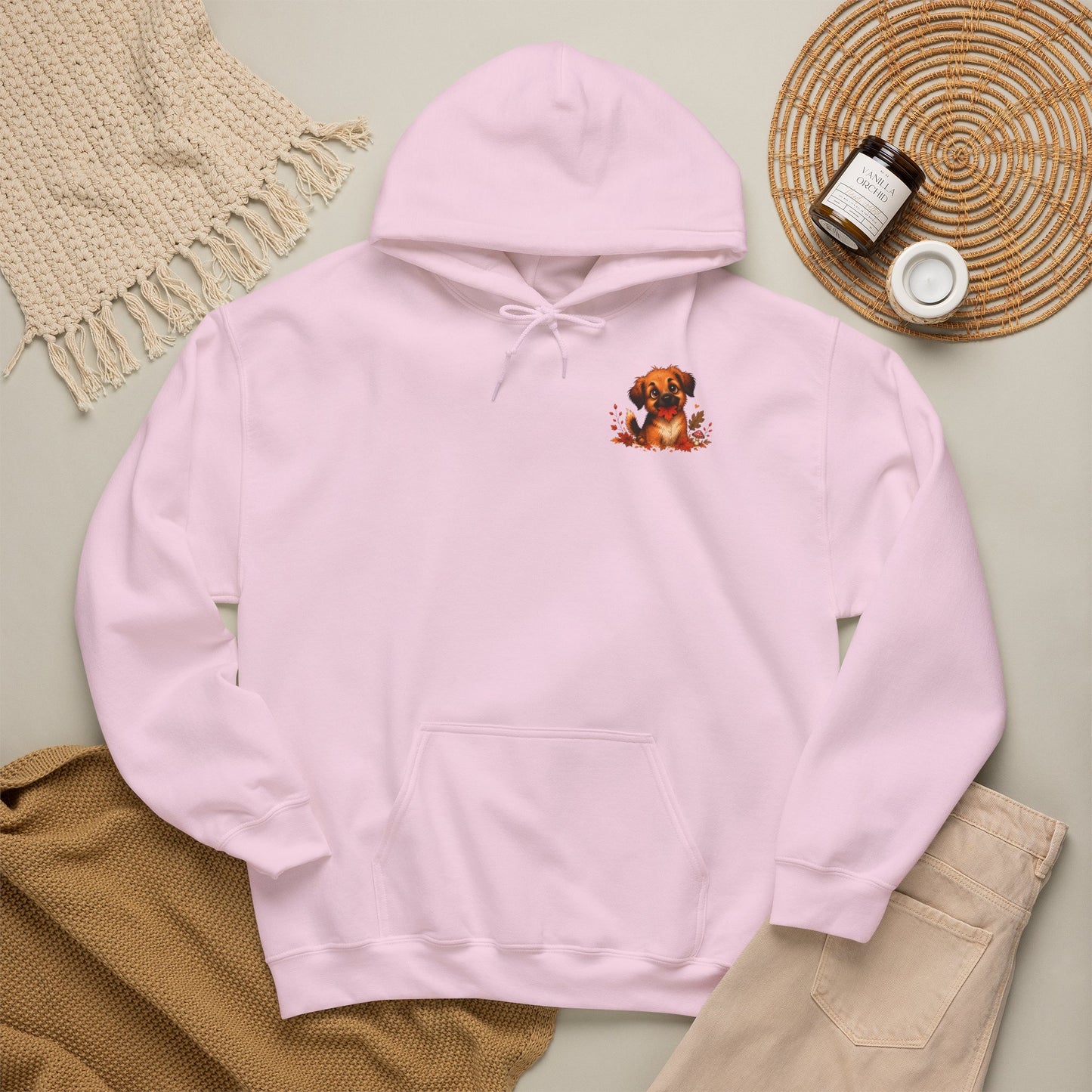 Novi Leaf Chaser Puppy Hoodie – Unisex Herfst Hoodie | Speelse Puppy Design | Gildan 18500
