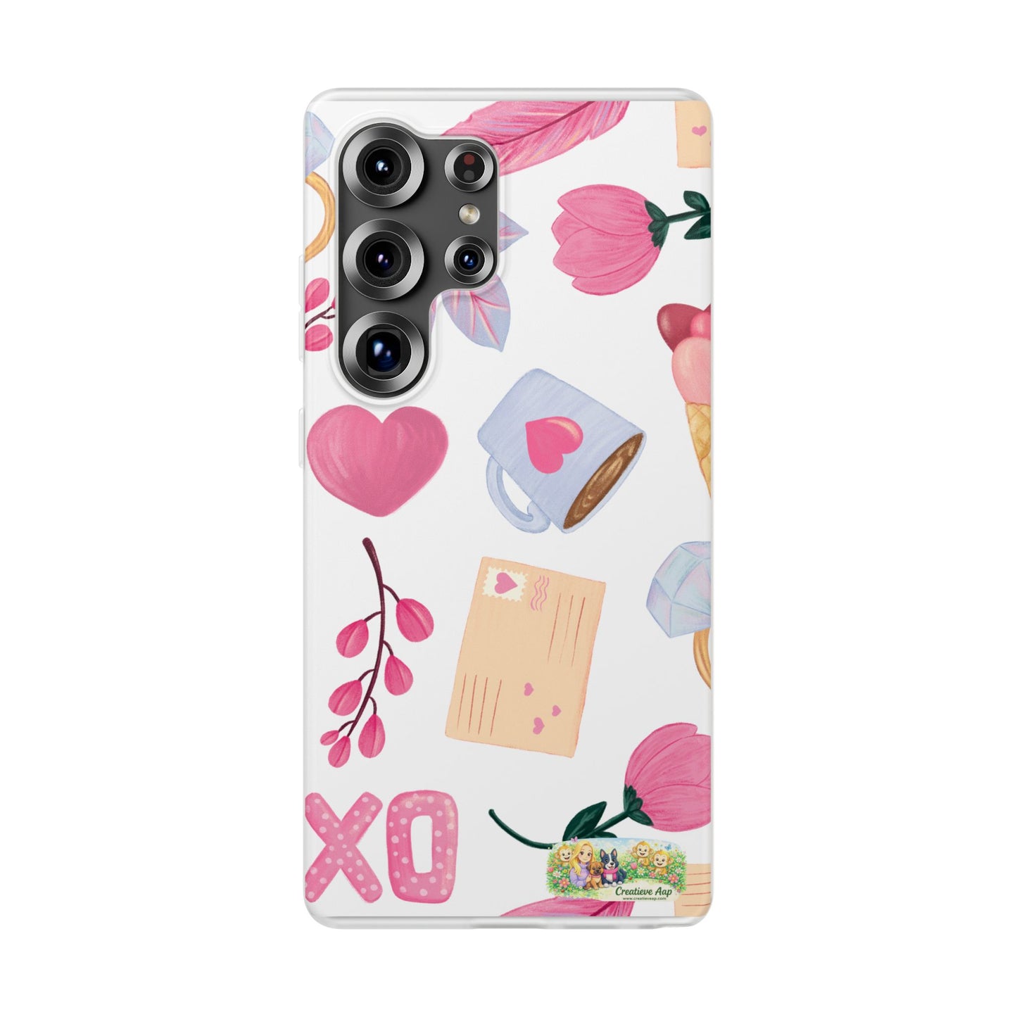 XO Telefoonhoesje – Hartjes & Lieve Post Illustratie – Transparante Flexi Case – iPhone & Samsung Galaxy