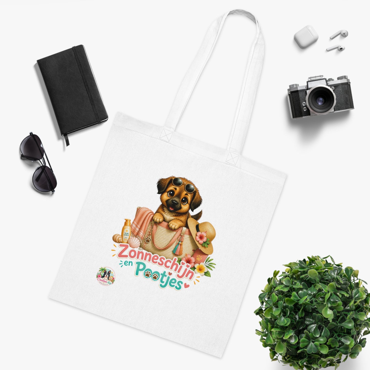 Novi Zonneschijn en Pootjes Katoenen Tote Bag – Zomerse Puppy Tas | Creatieve Aap