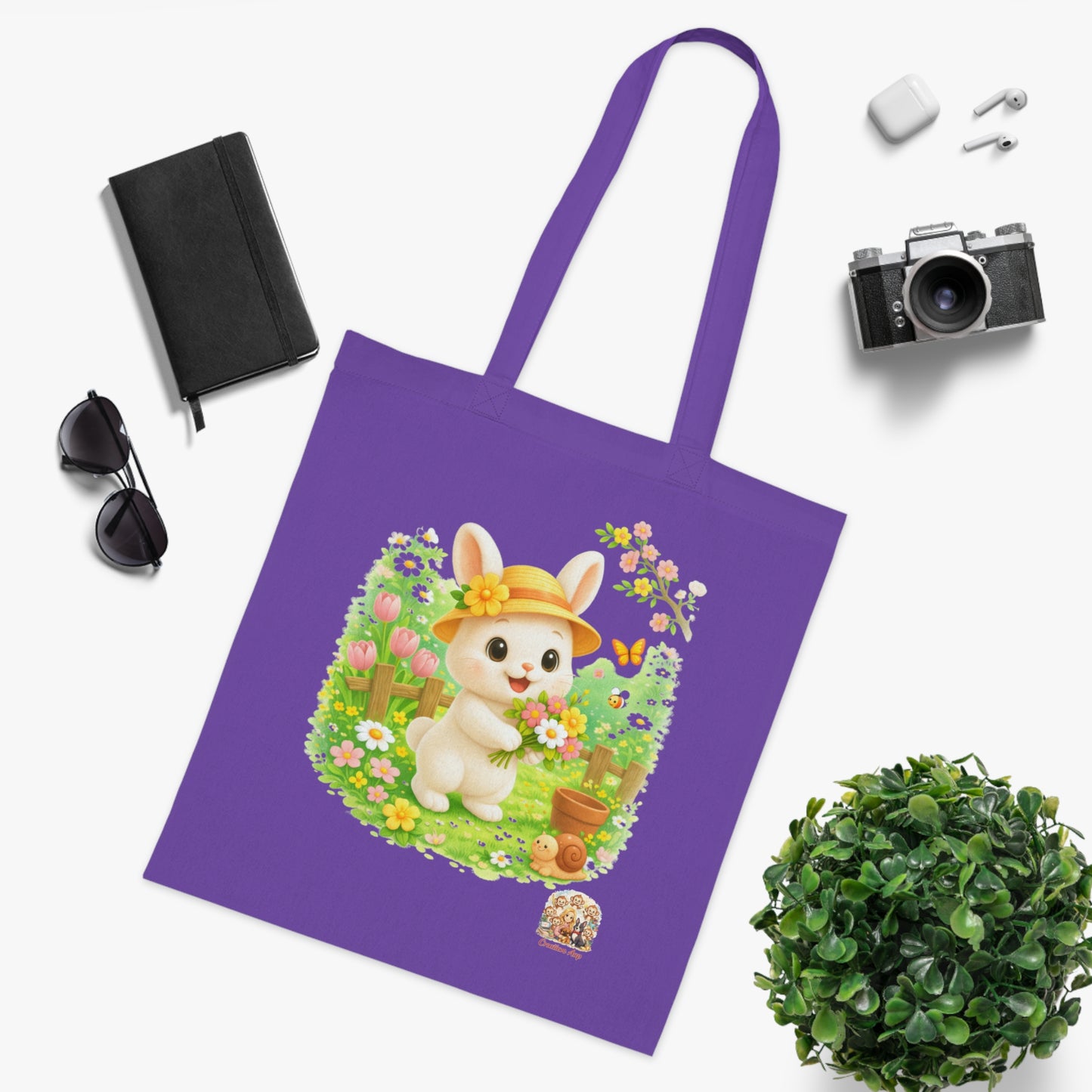 Tote Bag Maggie Lente – Katoenen Tas met Konijn & Bloemen | Lavender & Lime | Creatieve Aap