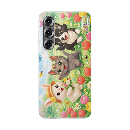 Creatieve Aap Lente Telefoonhoesje – Nikita, Maggie & Shelby – Kawaii Bloemenveld Design – Transparante Flexi Case – iPhone & Samsung Galaxy