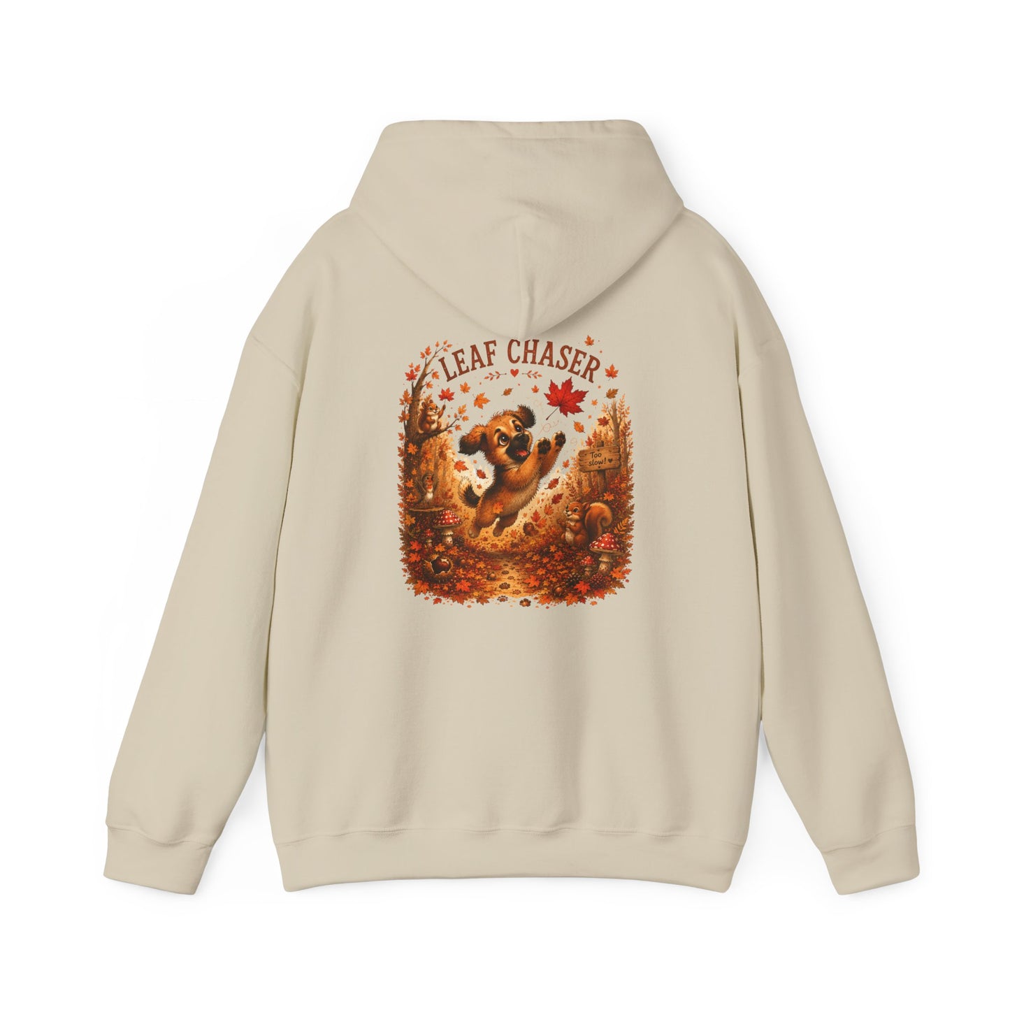 Novi Leaf Chaser Puppy Hoodie – Unisex Herfst Hoodie | Speelse Puppy Design | Gildan 18500