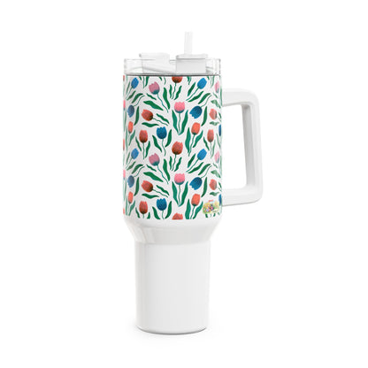 Tulpen Regen Tumbler 1200 ml – RVS Thermosbeker met Handvat – Dubbelwandig Geïsoleerd – Creatieve Aap Lente Collectie 2026