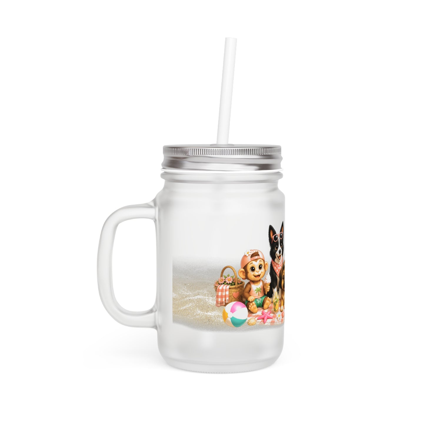 Zomer Mood Mason Jar met Rietje – Creatieve Aap Zomer Drinkglas 350 ml