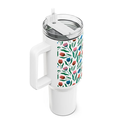 Tulpen Regen Tumbler 1200 ml – RVS Thermosbeker met Handvat – Dubbelwandig Geïsoleerd – Creatieve Aap Lente Collectie 2026
