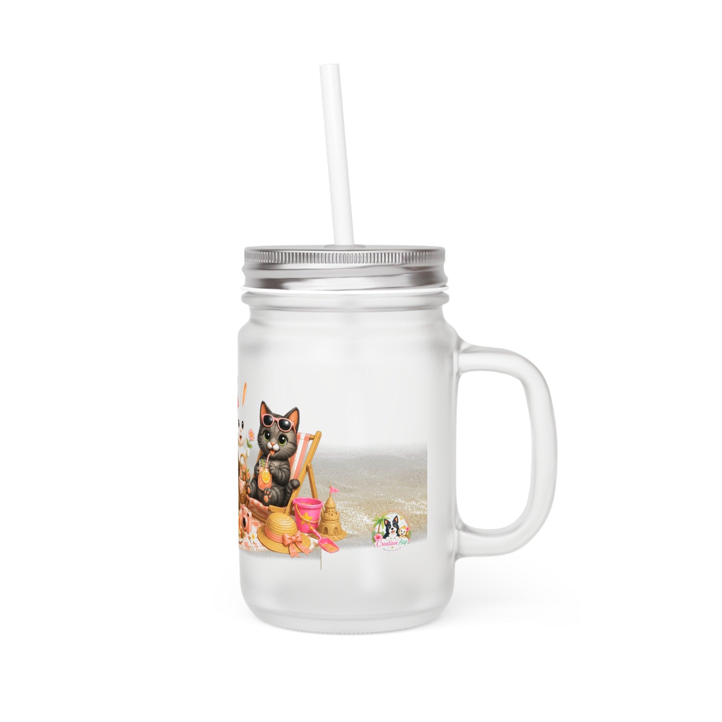 Zomer Mood Mason Jar met Rietje – Creatieve Aap Zomer Drinkglas 350 ml
