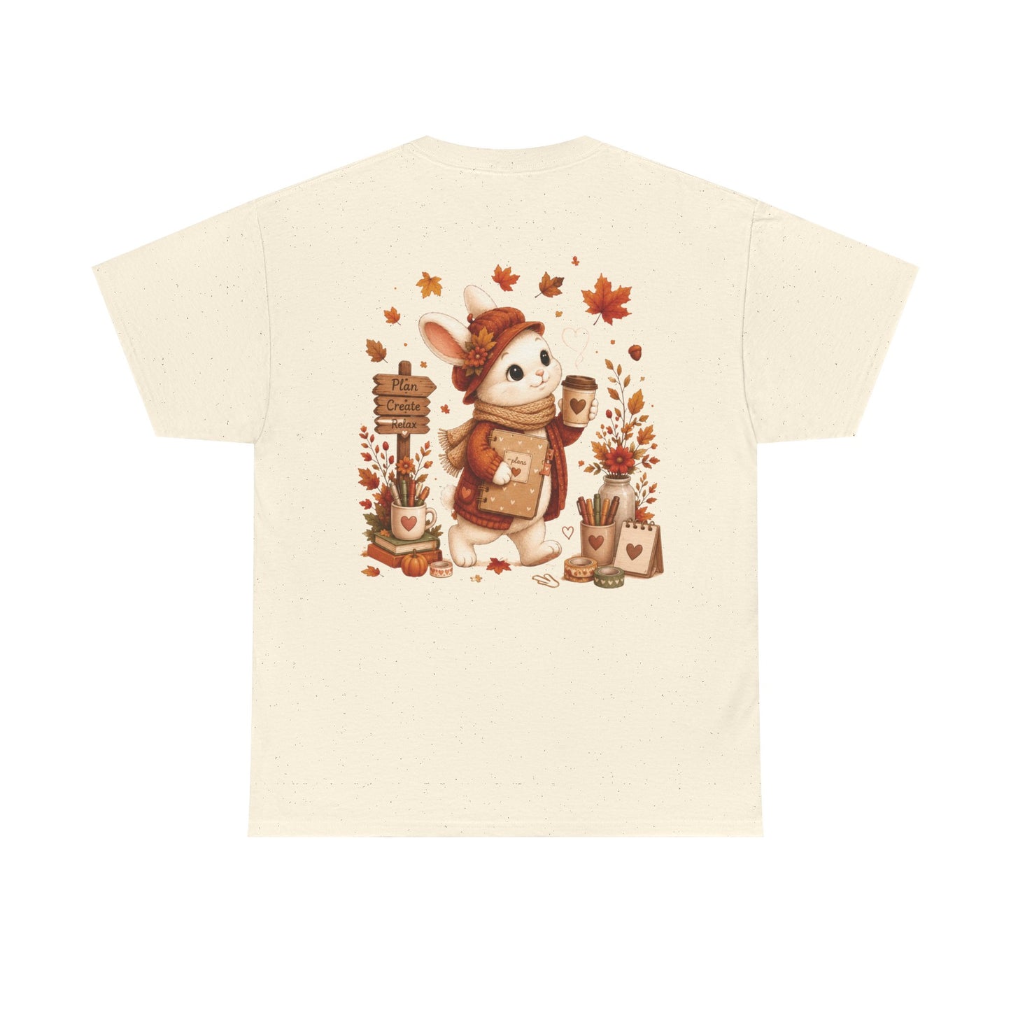 Maggie Cozy Planning Herfst T-Shirt – Dubbelzijdig Bedrukt | Unisex Heavy Cotton Shirt | Herfst Konijn