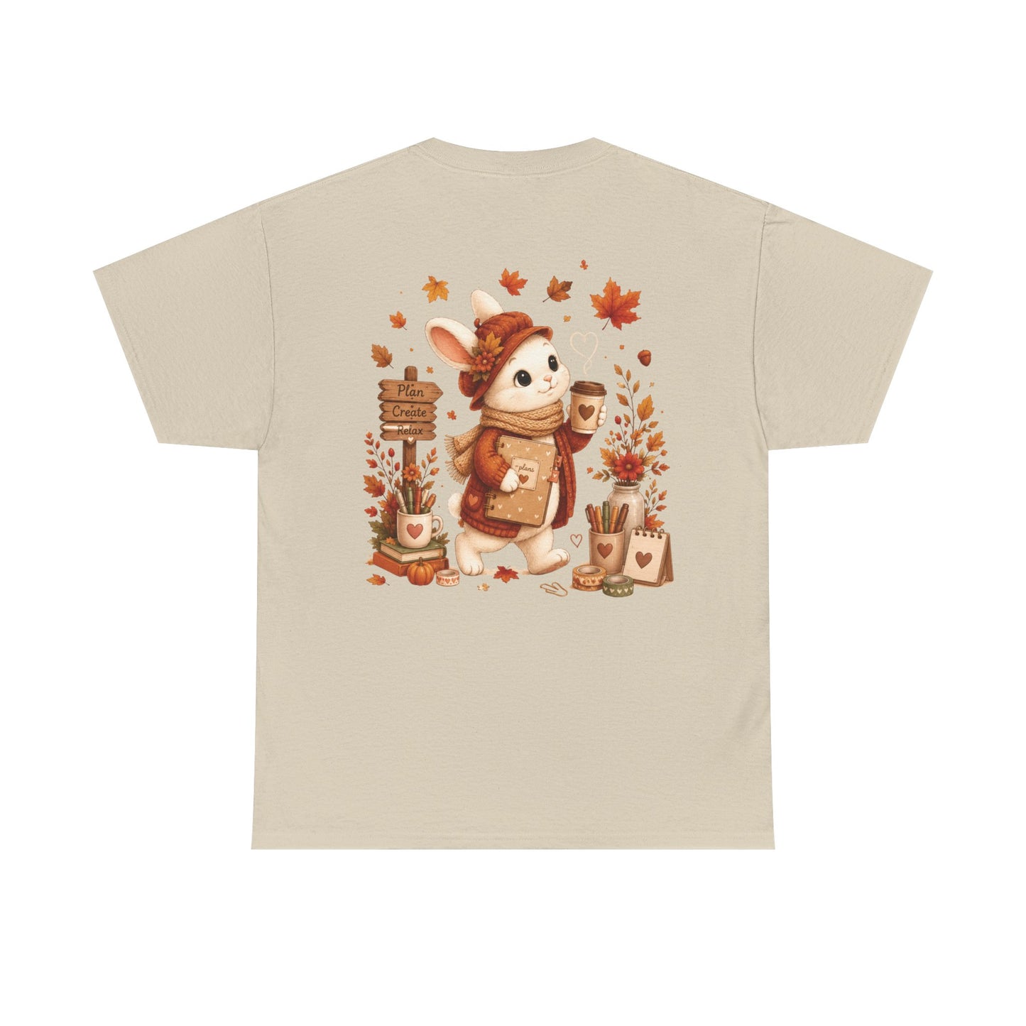 Maggie Cozy Planning Herfst T-Shirt – Dubbelzijdig Bedrukt | Unisex Heavy Cotton Shirt | Herfst Konijn