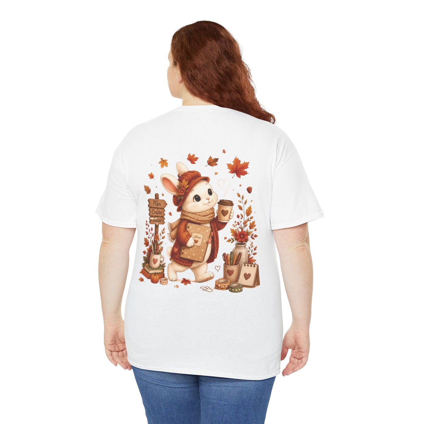Maggie Cozy Planning Herfst T-Shirt – Dubbelzijdig Bedrukt | Unisex Heavy Cotton Shirt | Herfst Konijn