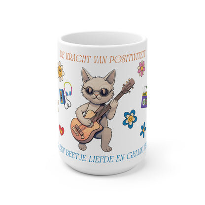 Mok "De Kracht van Positiviteit" – Kat met Gitaar – Retro Flower Power Design (325 ml & 440 ml) Printify