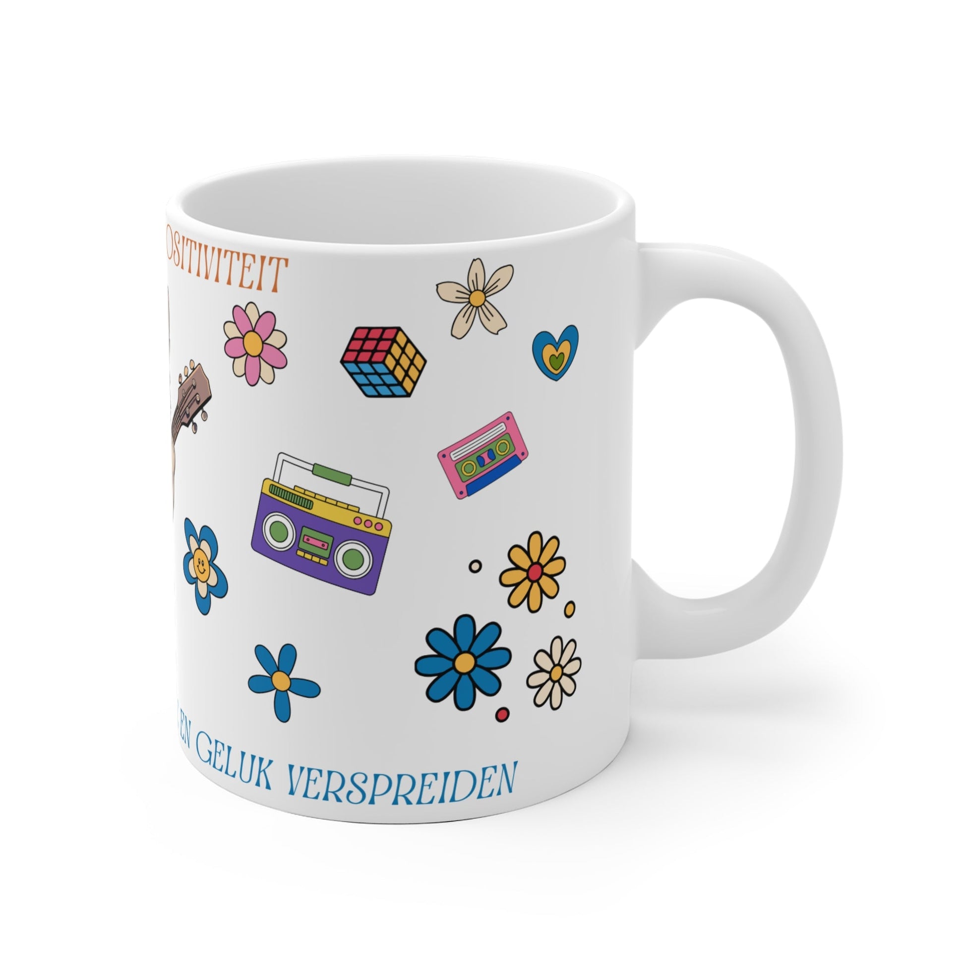 Mok "De Kracht van Positiviteit" – Kat met Gitaar – Retro Flower Power Design (325 ml & 440 ml) Printify