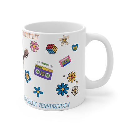 Mok "De Kracht van Positiviteit" – Kat met Gitaar – Retro Flower Power Design (325 ml & 440 ml) Printify