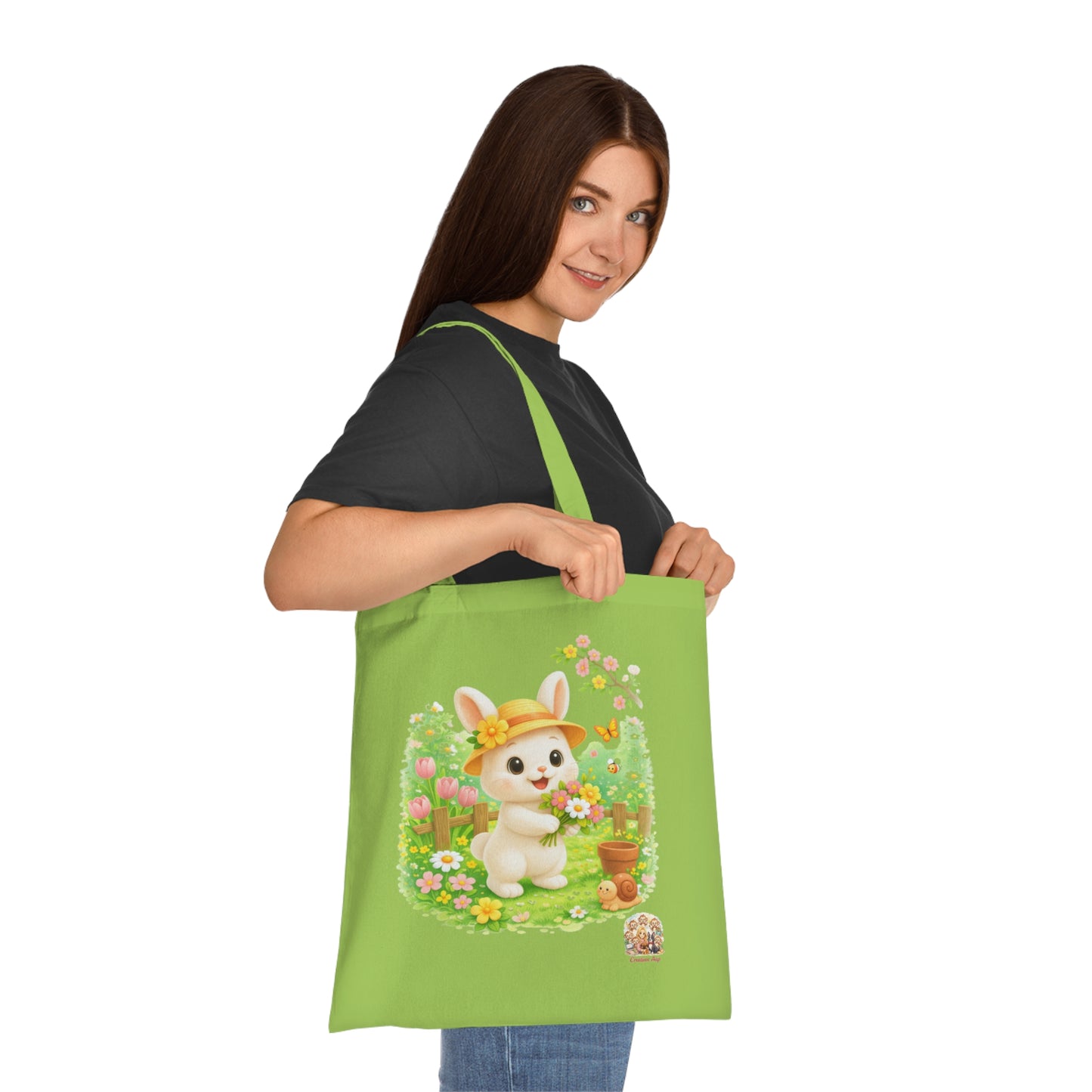 Tote Bag Maggie Lente – Katoenen Tas met Konijn & Bloemen | Lavender & Lime | Creatieve Aap