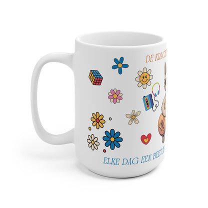 Mok "De Kracht van Positiviteit" – Kat met Gitaar – Retro Flower Power Design (325 ml & 440 ml) Printify