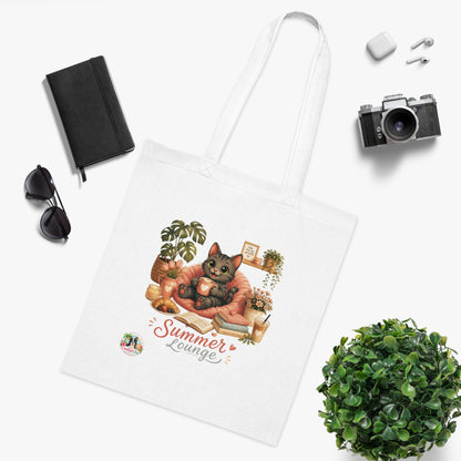 Shelby Summer Lounge Katoenen Tote Bag – Zomerse Katten Tas | Creatieve Aap