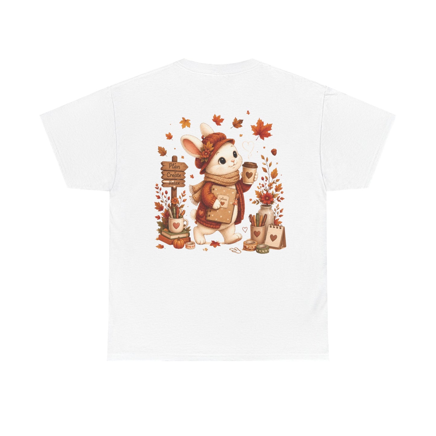 Maggie Cozy Planning Herfst T-Shirt – Dubbelzijdig Bedrukt | Unisex Heavy Cotton Shirt | Herfst Konijn
