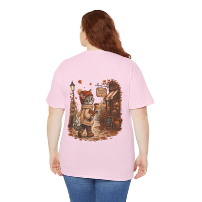 Shelby Cozy Reading Café Herfst T-Shirt – Unisex Dubbelzijdig Bedrukt | Cozy Kat Shirt | Gildan 5000
