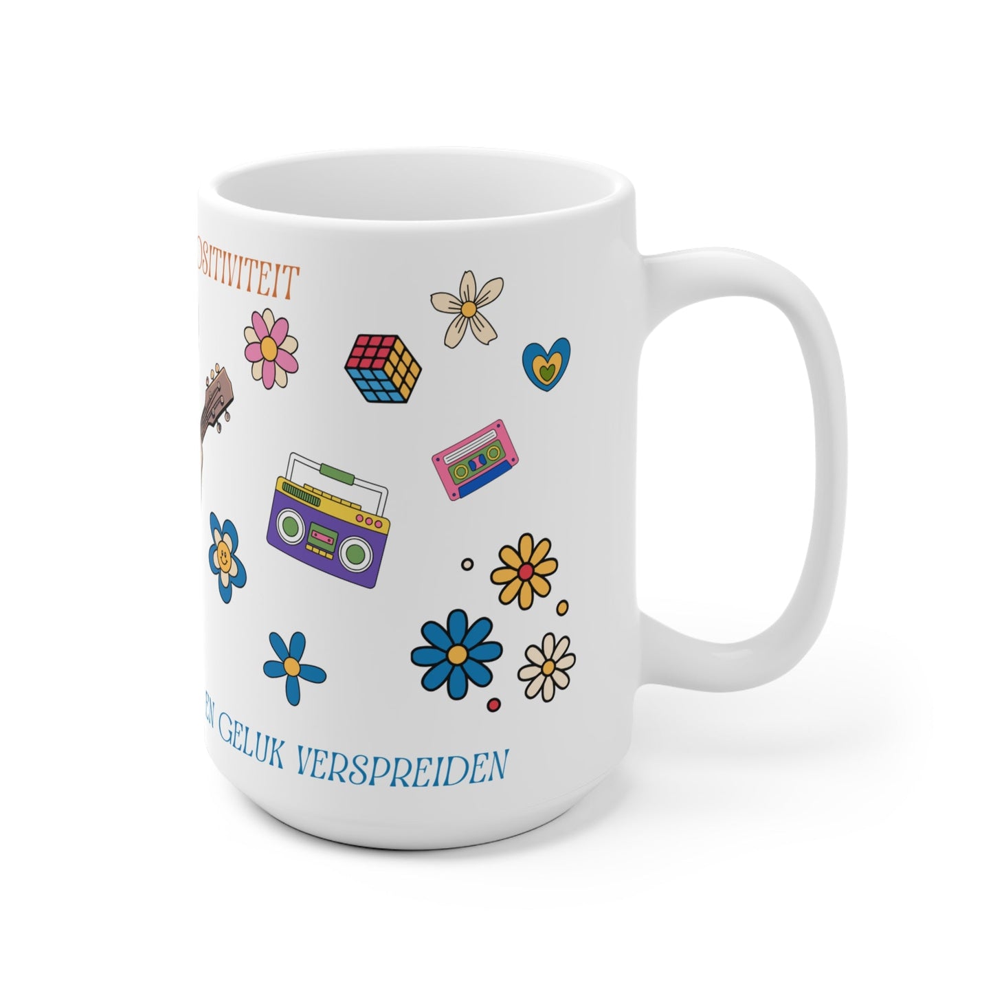 Mok "De Kracht van Positiviteit" – Kat met Gitaar – Retro Flower Power Design (325 ml & 440 ml) Printify