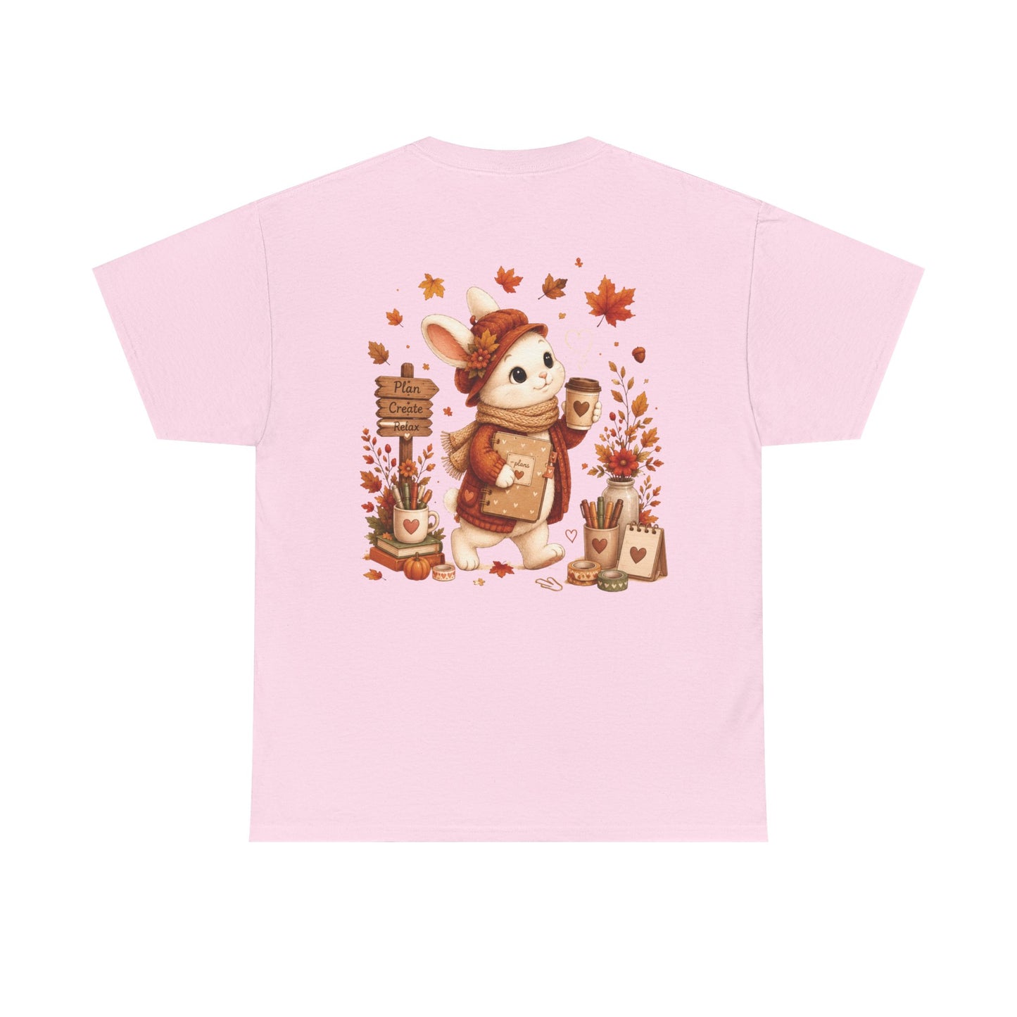 Maggie Cozy Planning Herfst T-Shirt – Dubbelzijdig Bedrukt | Unisex Heavy Cotton Shirt | Herfst Konijn