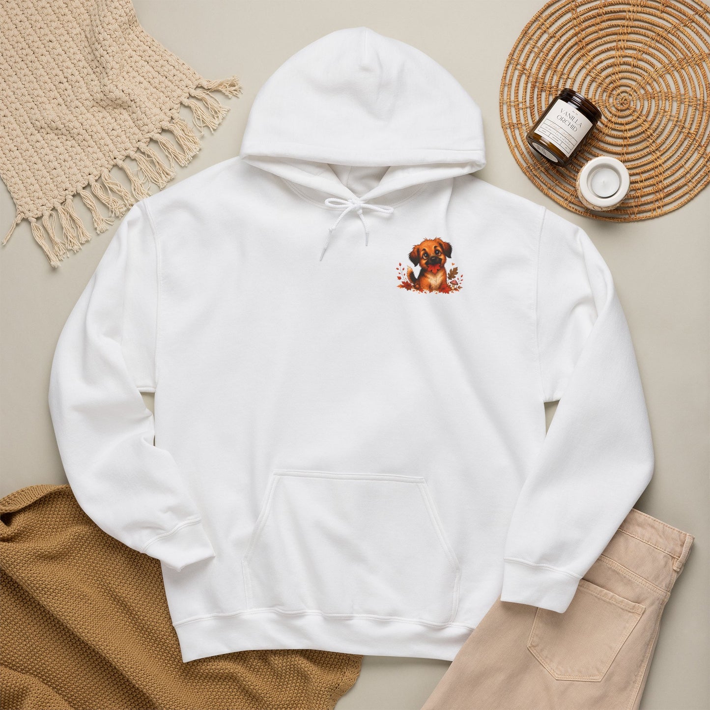 Novi Leaf Chaser Puppy Hoodie – Unisex Herfst Hoodie | Speelse Puppy Design | Gildan 18500