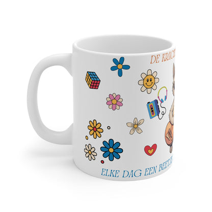 Mok "De Kracht van Positiviteit" – Kat met Gitaar – Retro Flower Power Design (325 ml & 440 ml) Printify