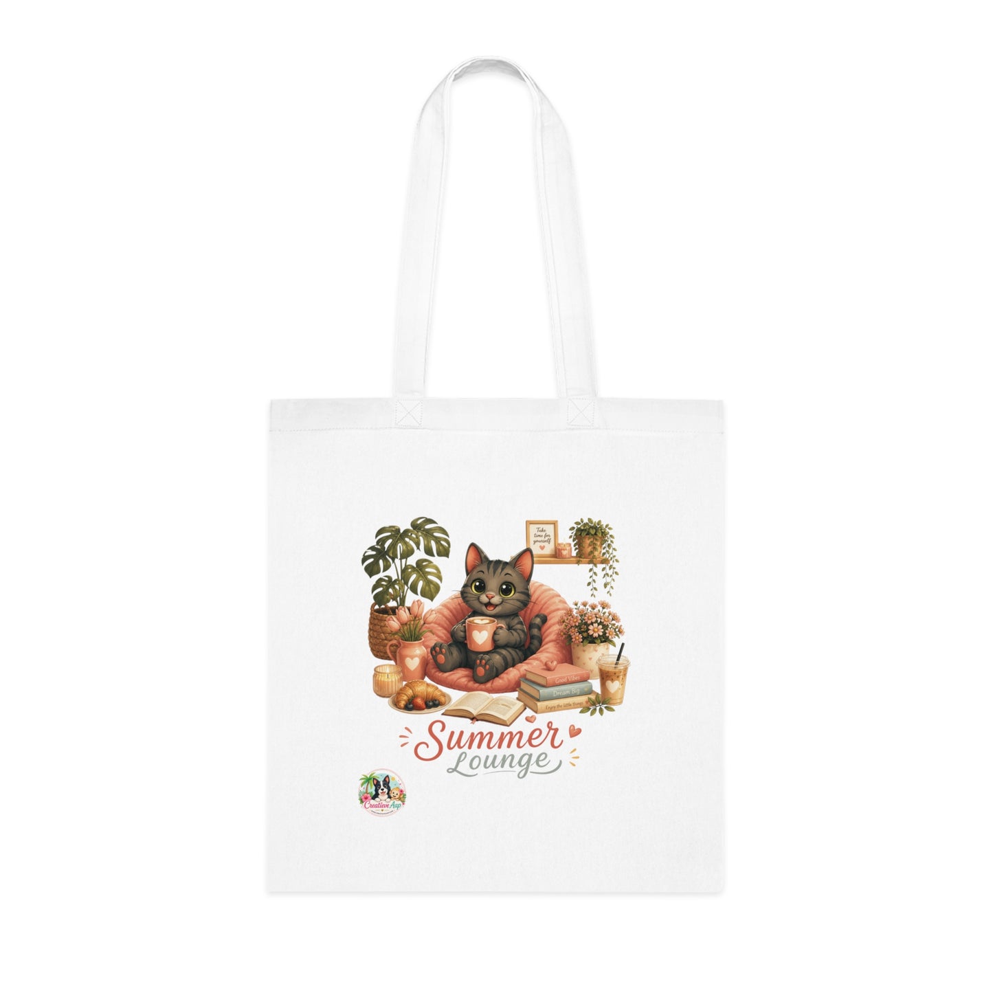 Shelby Summer Lounge Katoenen Tote Bag – Zomerse Katten Tas | Creatieve Aap