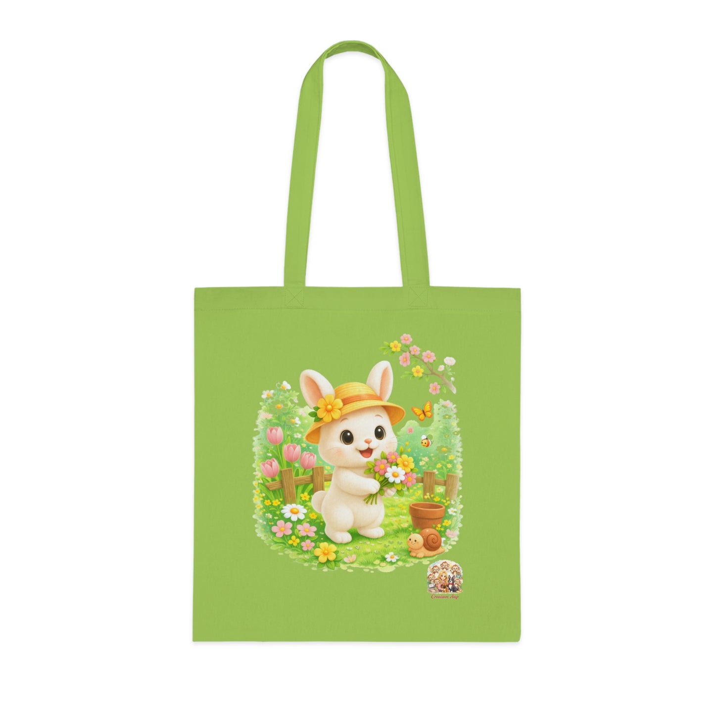 Tote Bag Maggie Lente – Katoenen Tas met Konijn & Bloemen | Lavender & Lime | Creatieve Aap