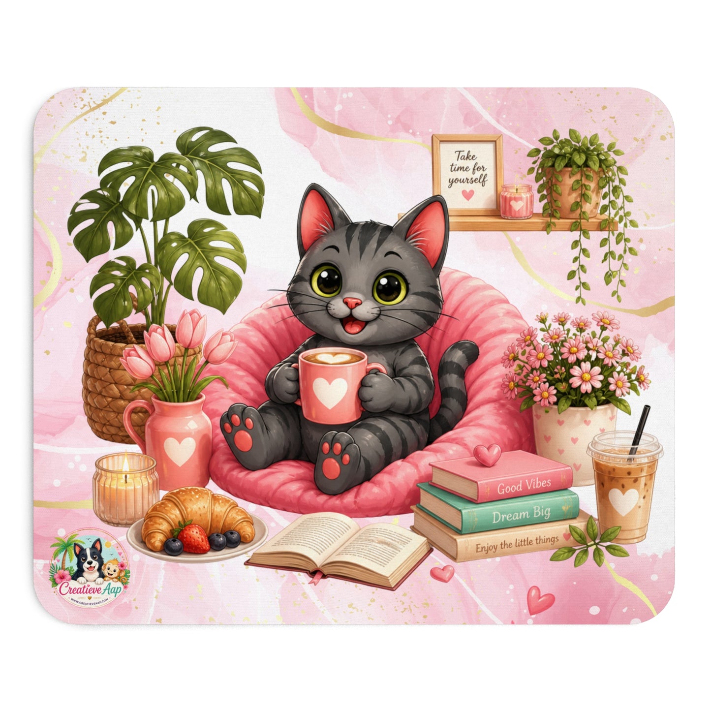 Shelby Cozy Koffie Muismat | Kawaii Kat Mousepad | Creatieve Aap